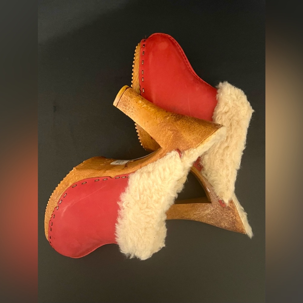 VTG 70s Made in Italy Leather Shearling Platform Mules 38 Ex Cond